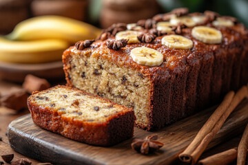 Sliced banana bread on cutting board.