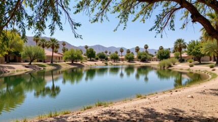 Serene Desert Landscape with Palm Trees and Calm Water Reflection Beneath Clear Blue Sky