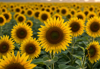 Obraz premium Golden Hour Sunflower Field with Dew Drops