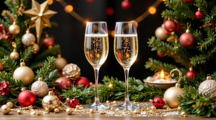 Sparkling Champagne Glasses Surrounded by Festive Christmas Decorations and Greenery