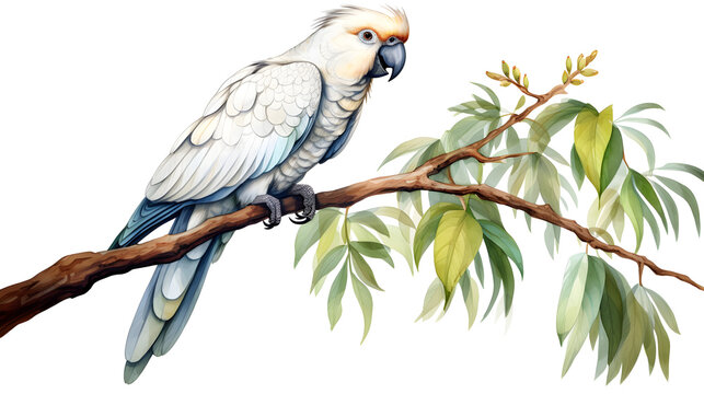 White Parrot Perched on Branch - Isolated Exotic Bird Species Image