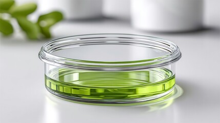 Petri Dish Research. Green Liquid. Biotechnology Science Experiment in Laboratory