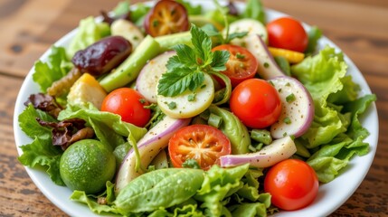 Fresh Vibrant Salad with Cherry Tomatoes, Lettuce, and Assorted Vegetables on Rustic Table
