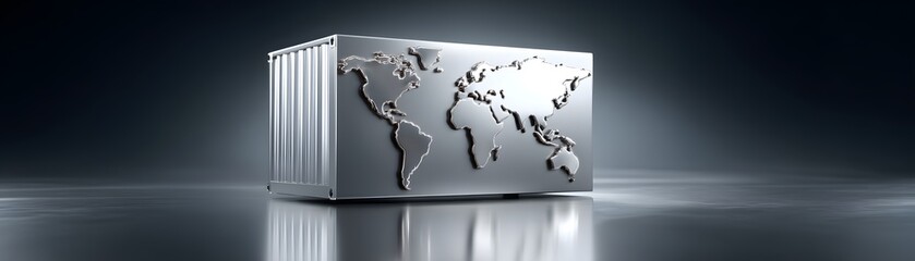 Editorial photography of a cutting-edge cargo container ship integrating modern technology for global logistics, showcasing world maps and supply chain networks