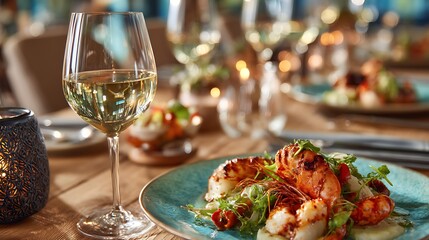 Elegant seafood dish paired with white wine glass
