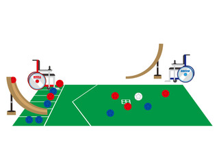 ボッチャのコートと競技の様子