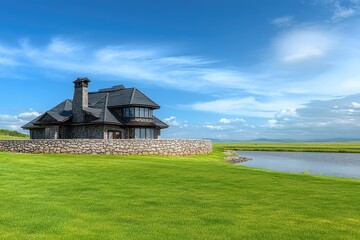 Luxurious home situated beside a serene lake, with manicured lawn