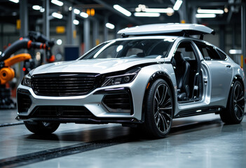 Sleek silver luxury car displayed in a modern automotive workshop