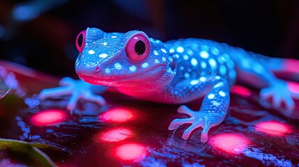 A vibrant, illuminated lizard, glowing with blue and pink hues.  Close-up view