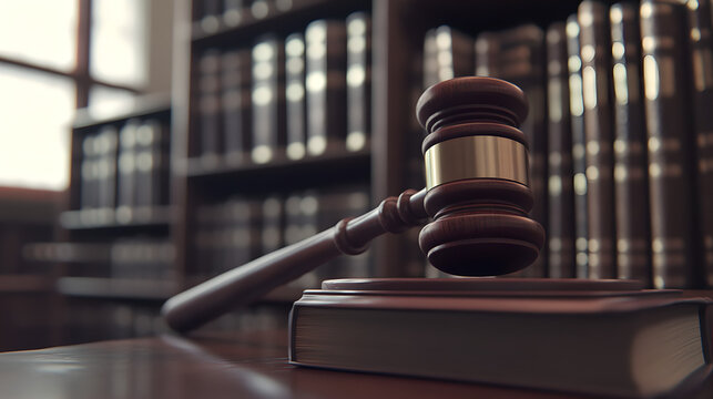 Close-Up of Judges Gavel on Legal Books in Law Library Setting