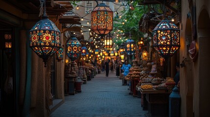 Obraz premium A vibrant marketplace at night, filled with colorful lanterns and local goods