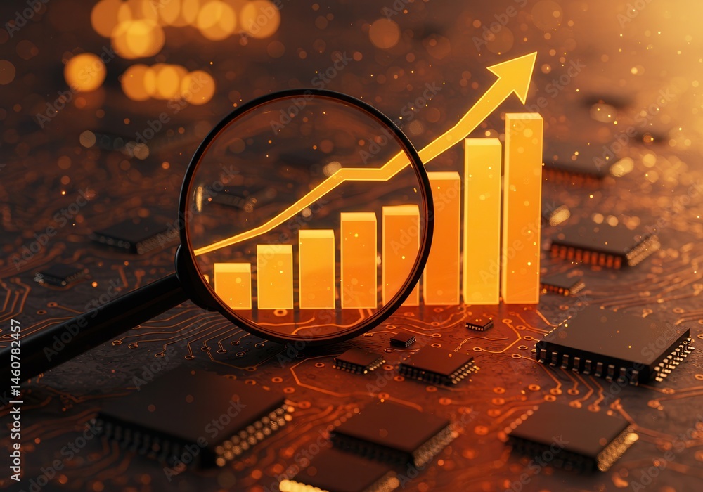 Poster magnifying glass focuses on rising bar graph with upward arrow on circuit board