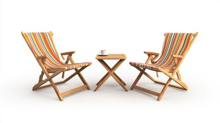 Two striped deck chairs with a small table, isolated on white