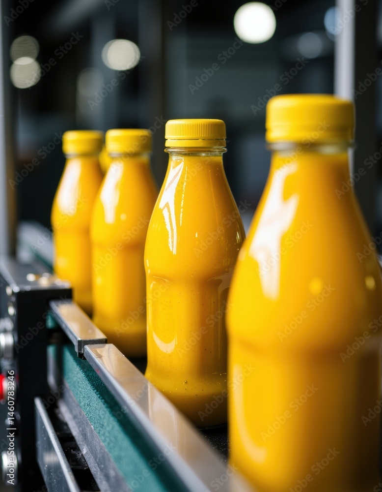 Poster bottles of yellow juice on a production line in a factory setting