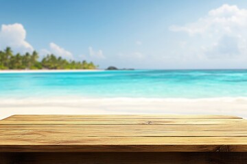 Fototapeta premium Wooden table overlooking a tropical beach