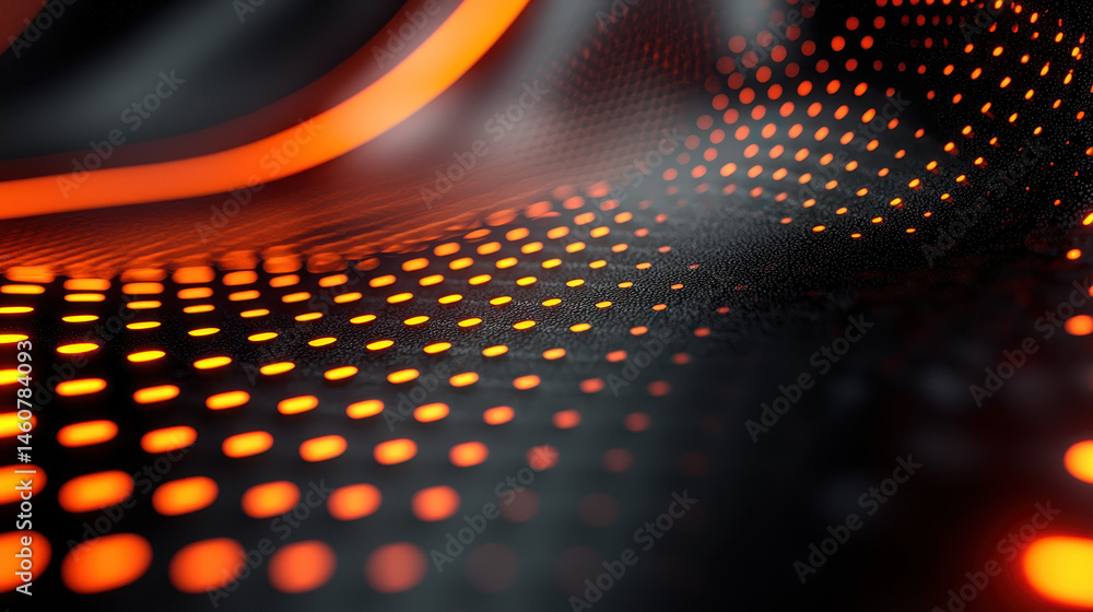 Poster a realistic 4k 3d background showing conceptual patterns of orange glowing dots on a dark surface cr