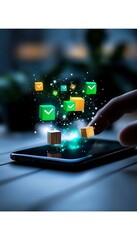 Digital confirmation icons floating above a phone screen