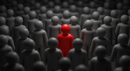 Fototapeta premium A Vivid Red Figure Stands Out Amidst a Crowd of Gray Figures