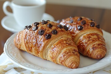 Two golden-brown croissants, adorned with chocolate chips, rest on a plate beside a cup of coffee