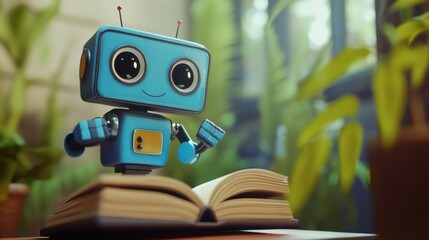 A cheerful blue robot reading a book in a lush, green indoor garden setting with sunlight filtering through
