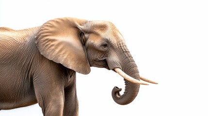 Obraz premium Majestic elephant stands, isolated on white background, showing tusks and big ears
