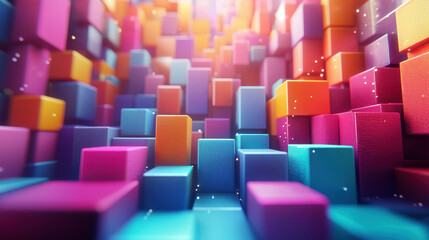 Obraz premium Contemporary 3D art background showcasing vibrant pastel colored realistic cubes in a dynamic side angle view rendered in 4K resolution for modern aesthetics.