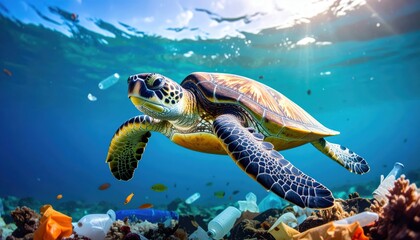 Obraz premium Sea turtle swimming gracefully through a vibrant coral reef polluted with plastic waste and marine debris