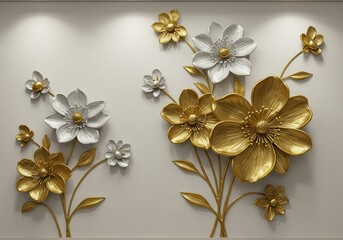 Elegant floral wall art with gold and silver flowers on a light background