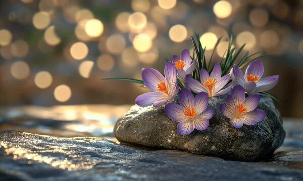 A cluster of vibrant purple crocus flowers blooming atop a smooth stone, set against a softly blurred, shimmering background