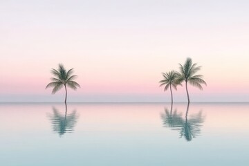 Fototapeta premium Dreamy pastel scene with palms mirrored in still ocean water, minimal horizon line