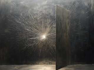 open door, dark background, light burst, mystical entrance, gateway, otherworldly scene