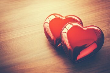 Two glossy red hearts on a light brown wooden surface