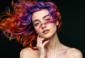 Fototapeta premium Vibrant woman with flowing purple and orange hair against a dark background
