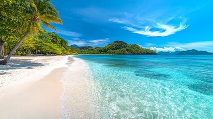 Fototapeta premium Tropical Paradise Beach with Crystal Clear Turquoise Water, Palm Trees, White Sand, and Calm Ocean – Idyllic Island Scene in Photorealistic High-Resolution, Vibrant Colors, and Panoramic View