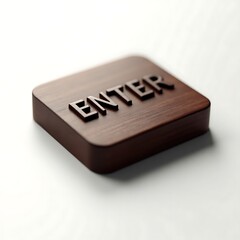 Enter Button with Dark Wood Texture on White Background, Minimalist Style