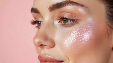 A close-up of a person's face with fair skin, light brown eyebrows, and delicate eyelashes. The skin has a dewy, highlighted look with subtle pink blush