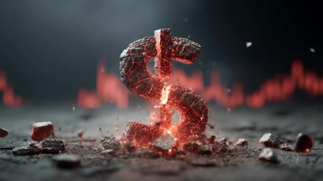 Dollar symbol crumbling amidst market downturn illustrating financial collapse