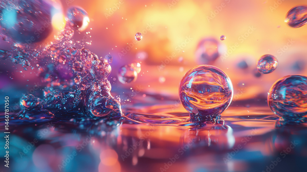 Poster creative 3d dynamic background shows realistic water orbs splashing with beautiful lighting effects 