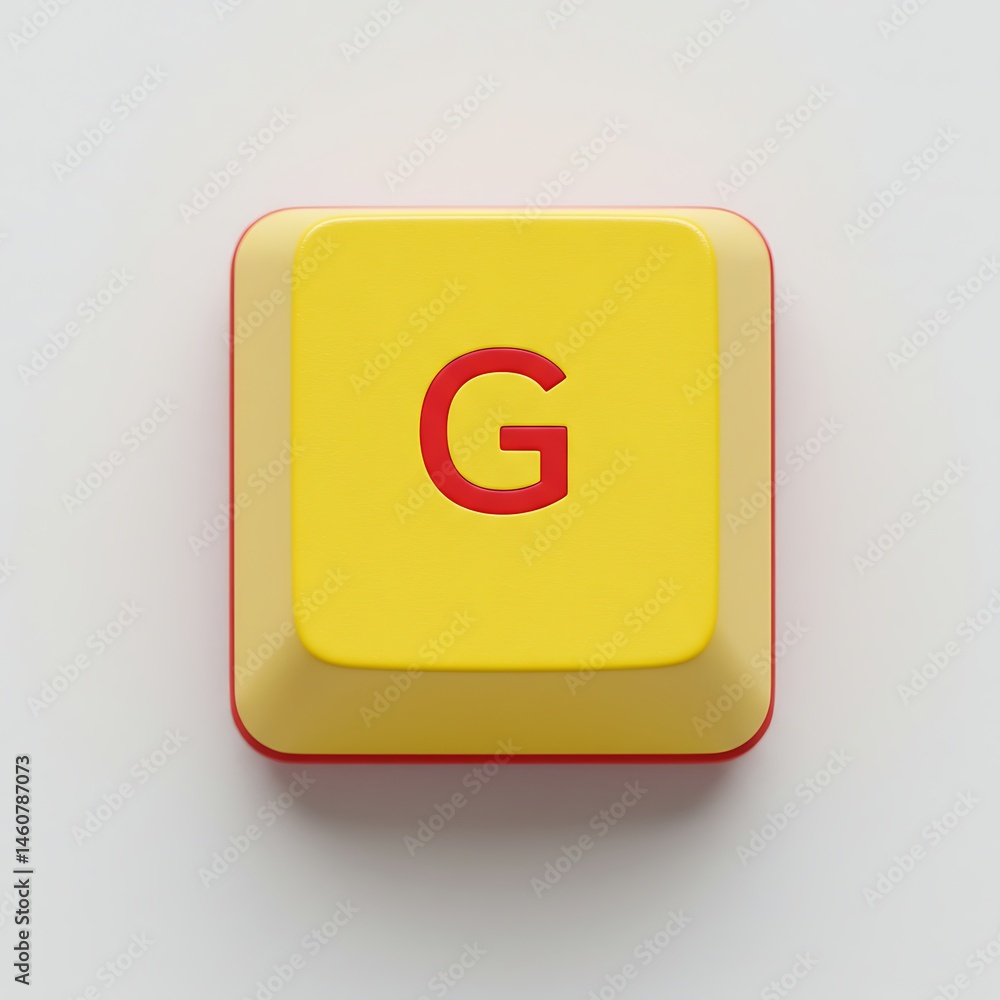 Poster isolated keyboard key displaying the letter g in red color close-up