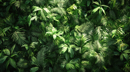 A vividly detailed 3D background presents realistic 4K foliage, captu a creative, side-angled view of lush green tropical plants in a natural setting.