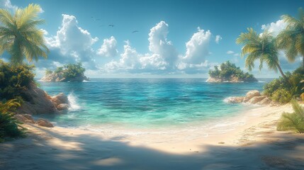 Tranquil beach with clear turquoise water, palm trees, and puffy white clouds