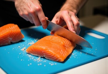 Chef slicing fresh salmon fillet on a blue cutting board