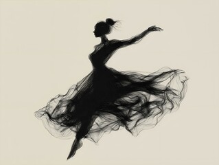 Fototapeta premium ballerina sketch, black ink, flowing dress, elegant pose, dynamic movement, artistic expression