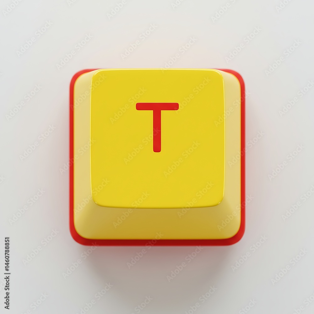 Poster isolated yellow keyboard key with red letter t on white background