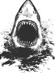Great White Shark Attack Illustration with Open Jaws and Sharp Teeth in Black and White Graphic Style