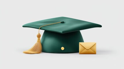 A dark green graduation cap with a tassel accompanied by a simple envelope icon symbolizing the completion of a significant academic milestone and the opportunities that await