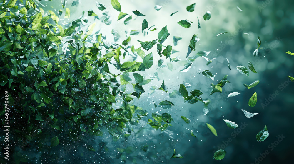 Poster dynamic artistry creates a realistic 3d background with swirling green leaves in 4k resolution, capt