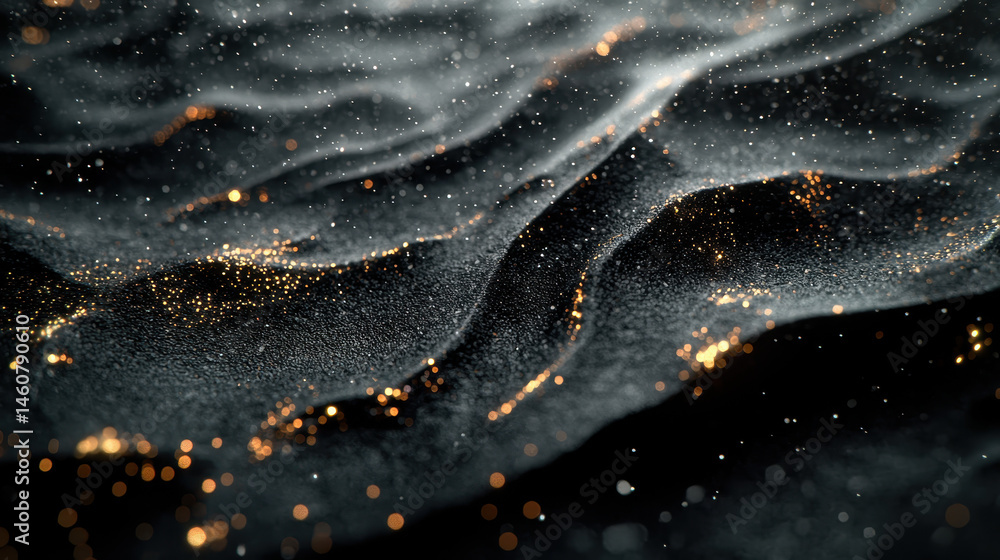 Poster A dynamic 4K side angle view showcases a realistic 3D background with artistic waves and shining golden particles, creating a visually stunning design artistry.