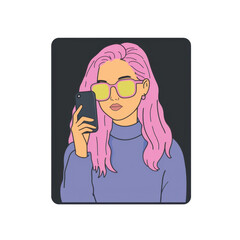 Young woman with pink hair and glasses using smartphone in dark background