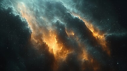 Fototapeta premium Cosmic nebula with teal and orange glowing gas clouds and scattered stars.